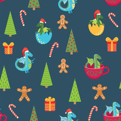  Seamless pattern with cute dragons Christmas design. Chinese New Year background with dragons for 2024