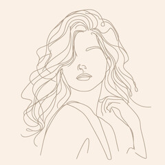 Wall Mural - Stylish woman portrait. Outline trendy vector illustration. Continuous line drawing, minimalistic concept. Romantic image in pastel watercolor shades