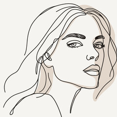 Wall Mural - Stylish woman portrait. Outline trendy vector illustration. Continuous line drawing, minimalistic concept. Romantic image in pastel watercolor shades