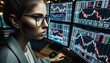 Close-up photo of a female financial analyst with glasses, deeply engrossed in interpreting information from multiple monitors
