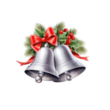 Silver Bells Adorned With A Red Ribbon And Holly Leaves. Isolated White Background.