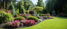 Park Outdoor Manicured Lawn And Flowerbed
