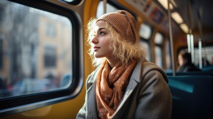 portrait of a young woman on public transportation looking out the window