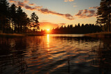 Fototapeta Zachód słońca - A serene sunrise over a tranquil lake, casting a golden glow over the waters. Concept of natural beauty and serenity. Generative Ai.