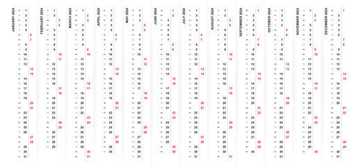 Wall Mural - 2024 vertical calendar design, Saturday and Sunday selected in different color and row.