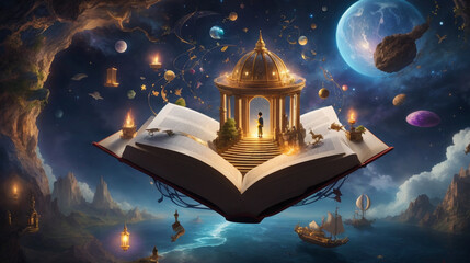 Journey through fantastical worlds, with a book symbolizing the gateway to limitless imagination.