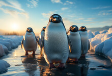 Emperor Penguins Walking Through A Snowy Landscape, Animals Winter