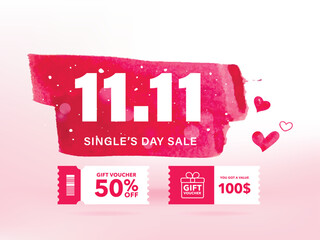 Wall Mural - 11.11 single's day sale with pink stain watercolor painting of sale label. sale price promotion disc