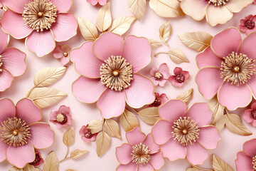 Wall Mural - Beautiful detailed floral pattern of gold flowers on a pink background