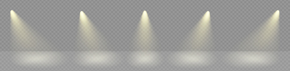 Poster - Vector rays of light flare effect. Cinema beam illuminate empty interior. Spotlight shine golden beams. Warm projector png stage award ceremony