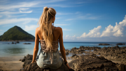 Wall Mural - Junge hübsche Frau läuft zum atemberaubenden Strand mit wunderbarer Aussicht auf die Landschaft Querformat, ai generativ