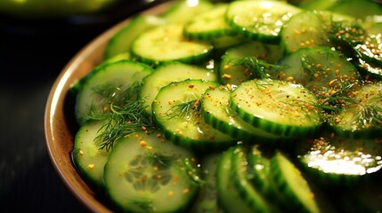 Wall Mural - A close-up of a refreshing cucumber salad, with thinly sliced cucumbers and a tangy vinaigrette.