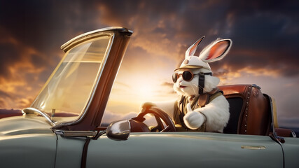 Traveler Bunny driving an old-fashioned car and giving a thumbs up to the camera.

