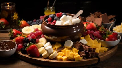 Wall Mural - A decadent chocolate fondue, surrounded by an assortment of fruits and marshmallows for dipping.