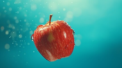 Wall Mural - A luscious red apple suspended in mid-air against a vibrant turquoise background, the dewdrops on its surface catching the light.