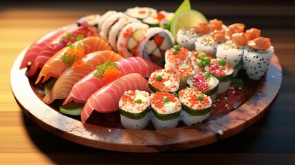 Canvas Print - A mouthwatering sushi platter featuring an array of colorful rolls, fresh sashimi, and pickled ginger.