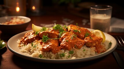 Canvas Print - A plate of chicken tikka masala, with tender pieces of chicken in a rich and flavorful curry sauce.