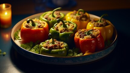 Canvas Print - A plate of stuffed bell peppers, filled with a savory mix of ground meat, rice, and vegetables.