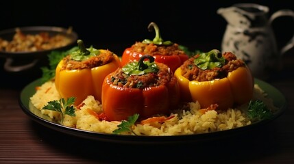 Canvas Print - A plate of stuffed bell peppers, filled with a savory mix of ground meat, rice, and vegetables.