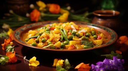 Canvas Print - A plate of vegetable curry, with a colorful medley of vegetables in a fragrant and spicy sauce.