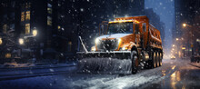 Snow plow truck clearing road after winter snowstorm or blizzard
