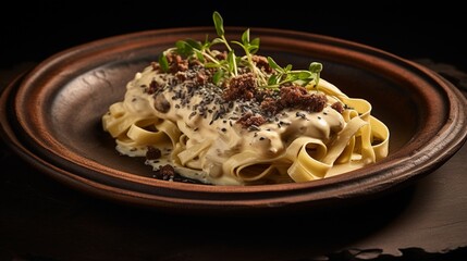 Canvas Print - Hand-rolled pasta in truffle cream sauce on a dark mahogany dish.