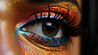 Auge Irisaufnahme mit wunderschönen bunten fantasievollen Lidschatten Design Visagistik Nahaufnahme Querformat für Banner, ai generativ