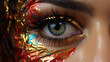 Auge Irisaufnahme mit wunderschönen bunten fantasievollen Lidschatten Design Visagistik Nahaufnahme Querformat für Banner, ai generativ