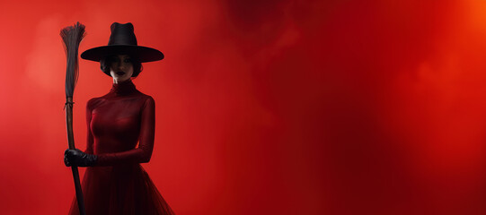 A mysterious witch clad in a floor-length red dress with black hat and broom, she exudes an aura of power and darkness. Red foggy background enhances the dramatic effect. Generative AI