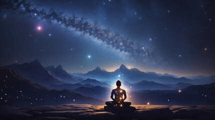 Meditation in the mountains. Meditator seated under a starry sky, with the cosmos serving as a backdrop to their meditation, evoking a sense of the vastness of the universe.