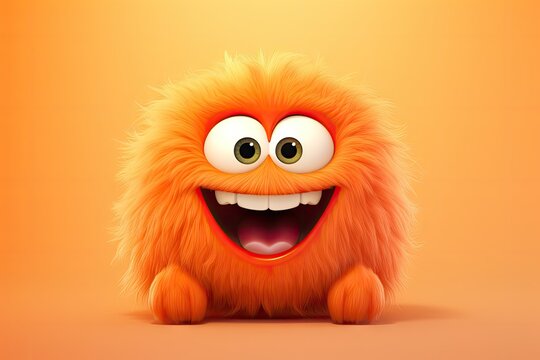 Funny fluffy monster isolated on clear bright orange background. Happy and furry little monster. Cute yeti. Halloween character