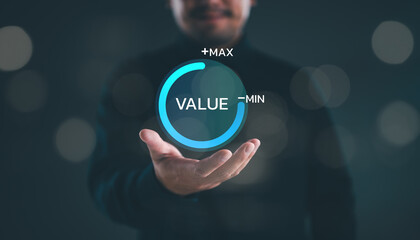 Poster - Businessman holding and show virtual process icon progress for increasing value added to business product and service concept. Quality control, benefit growth and development in business.