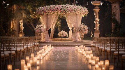 Wall Mural - A beautifully decorated wedding venue with elegant floral arrangements, soft candlelight, and a charming gazebo for the ceremony