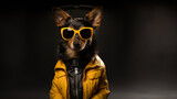 Fototapeta  - Hund Cartoon Tiere als Geschäftsmann im Anzug verkleidet schaut cool in die Kamera im Querformat für Banner und Poster, ai generativ