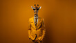 © www.freund-foto.de - Giraffe Cartoon Tiere als Geschäftsmann im Anzug verkleidet schaut cool in die Kamera im Querformat für Banner und Poster, ai generativ