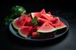 A plate with sliced watermelon. Generative AI