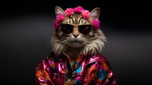 Tiger Cartoon Tiere Als Disco Mietze Mit Kopfschmuck Verkleidet Schaut Cool In Die Kamera Im Querformat Für Banner Und Poster, Ai Generativ