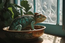 Chameleon Rests On Pot By Window. Generative AI