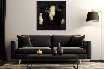 Contemporary black sofa in stylish setting with lamp and artwork. Generative AI