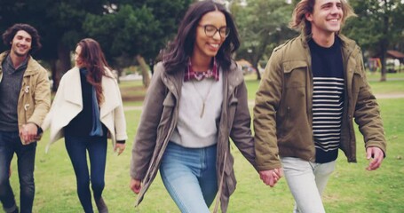 Canvas Print - Holding hands, happiness and nature couple walking, bonding or on double date on outdoor freedom adventure. Green park smile, love or relax park women, men or happy people care on natural grass field