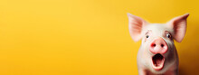 Pig Looking Surprised, Reacting Amazed, Impressed, Standing Over Yellow Background