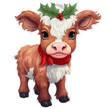 Cute Cow Highland Christmas Happy New Year Clipart Illustration