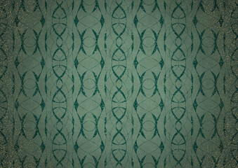  Hand-drawn abstract ornament. Dark green on light cold green background, with vignette of darker background color and splatters of golden glitter. Paper texture. A4. (pattern: p10-3c)