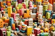Cityscape comprised of geometric shapes in a toy construction background. Generative AI