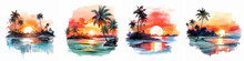 Paradise Palm Watercolor Wave Relaxation Sunrise Silhouette Reflection Resort Exotic Drawing Dusk