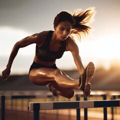 Woman jumping hurdles