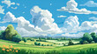 Beautiful summer anime seasonal landscape with hills and mountain, sky and clouds. Anime cartoon style. Background design vector illustration.