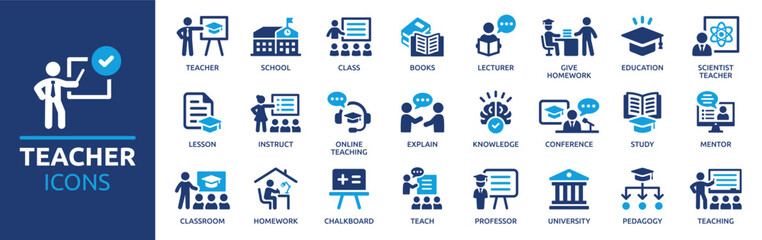 teacher icon set. containing lesson, class, school, teaching, mentor, professor, education, books, i