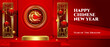 Chinese new year 2024 banner design, with golden podium, Dragon sign and hanging chinese lantern