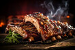 delicious ribs pork bbq with smoke, Barbecue grilled pork ribs served on wooden board. Traditional American cuisine dish